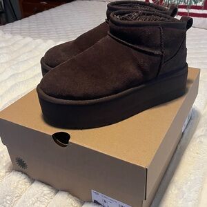 UGG Ultra Mini Dark Brown Suede Platform Boots